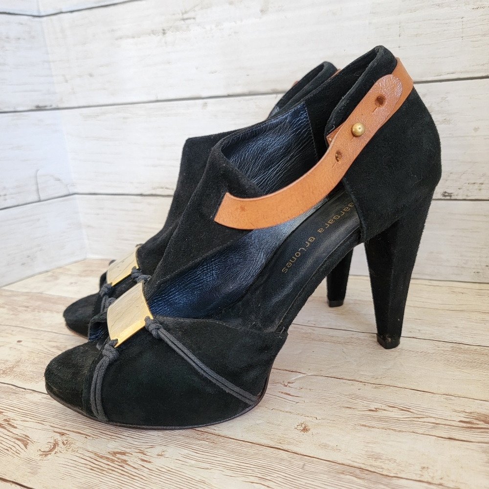 Barbara Briones black suede heels woth gold hardware